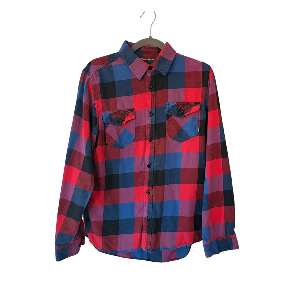 Vans men's plaid shirt medium red blue collared buttondown flannel